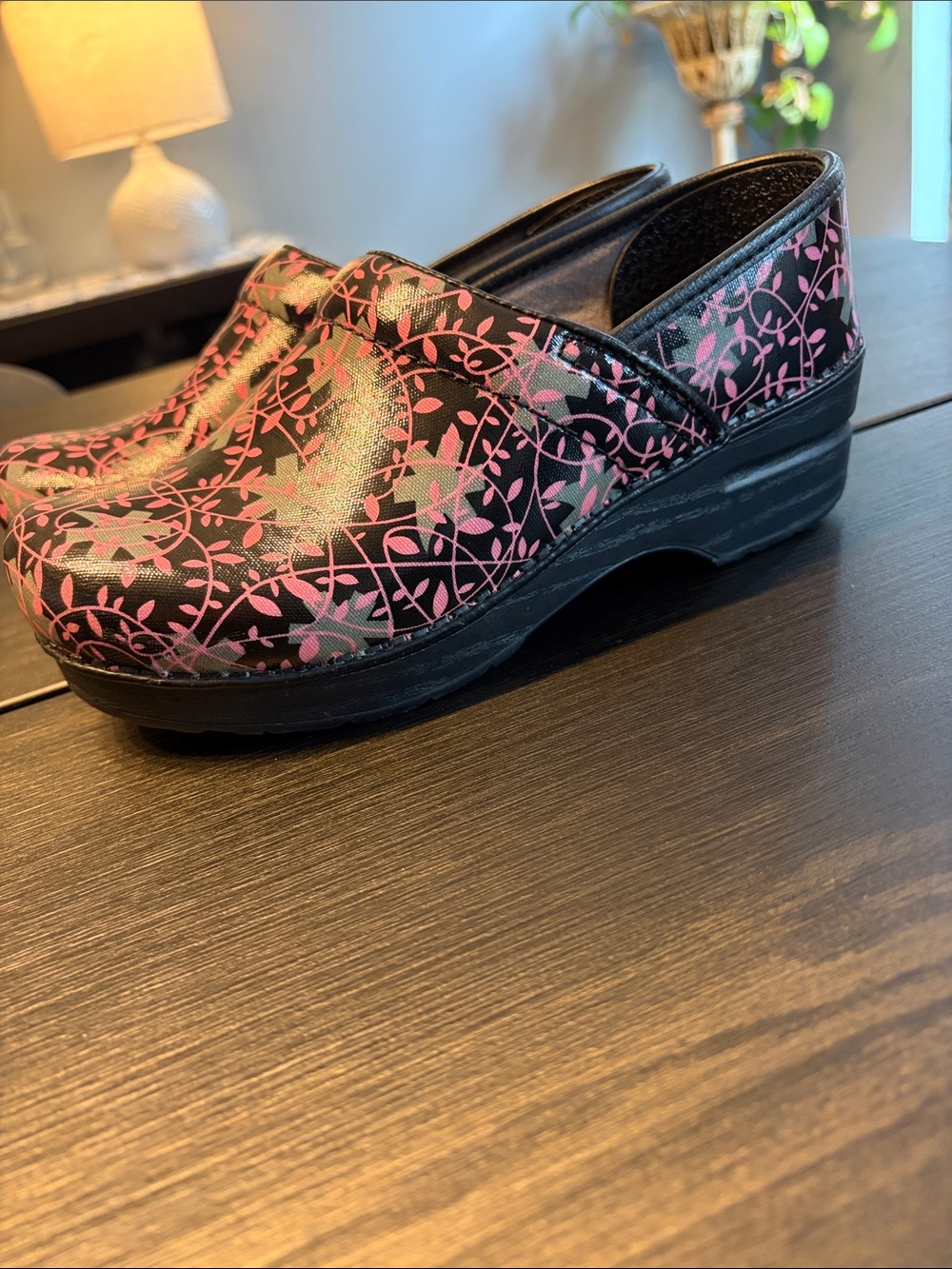 Dansko Vegan Clogs in Black with Pink Floral Pattern - Picture 2 of 7
